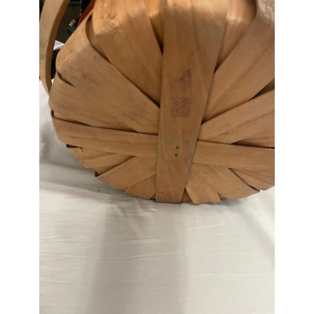VTG 13Star Wood Double Lid Barrel Weave Basket Lined Flag Heart Leather USA Gift